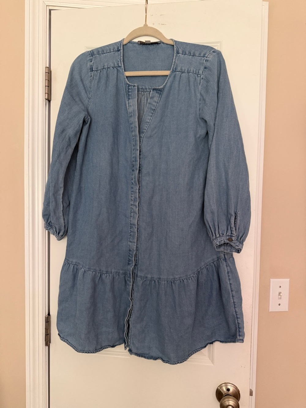 LOFT Light Blue Chambray Long-Sleeve Tiered Dress